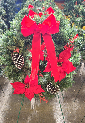 Cemetery Artificial 20" Wreath Poinsettia, Cones, Berries Stand