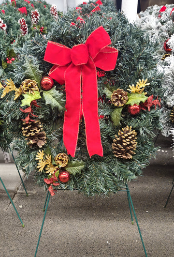 Cemetery Artificial 20" Pine Wreath, Gold Cones, Red Bow on Stand