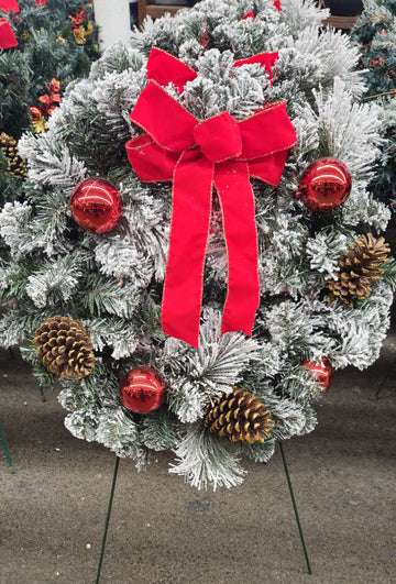 Cemetery Artificial 24" Flocked Pine Wreath, Cones, Red Bow on Stand