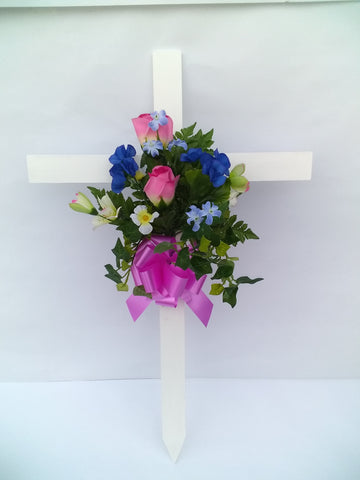 Cemetery Wood Floral Cross Pink Bow