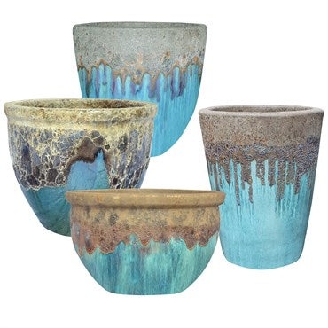 Volcanic Smooth Flat Rim Planter: Milky Blue Glaze